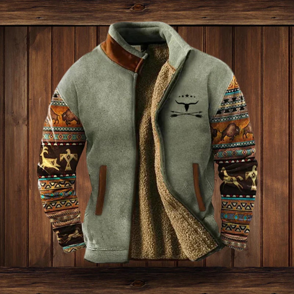 Men’s Southwestern Sherpa-Lined Zip Cardigan Jacket