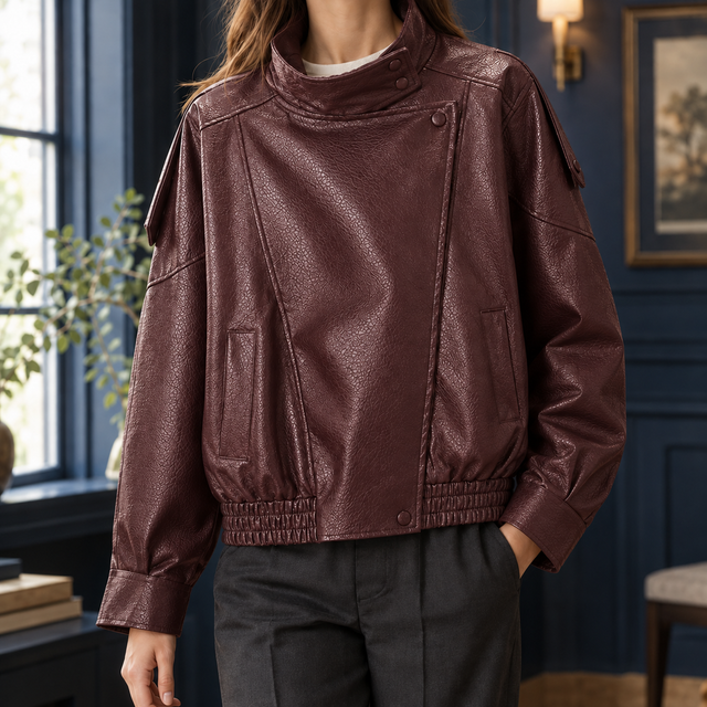 Cropped Leather-Look Asymmetric Moto Jacket