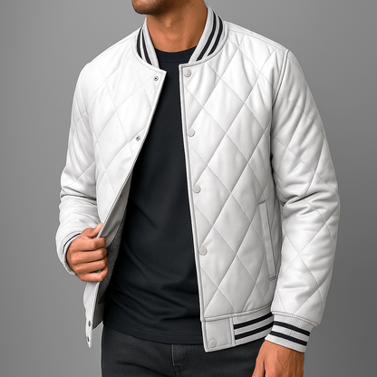 Men’s Quilted Leather Snap-Front Bomber Jacket