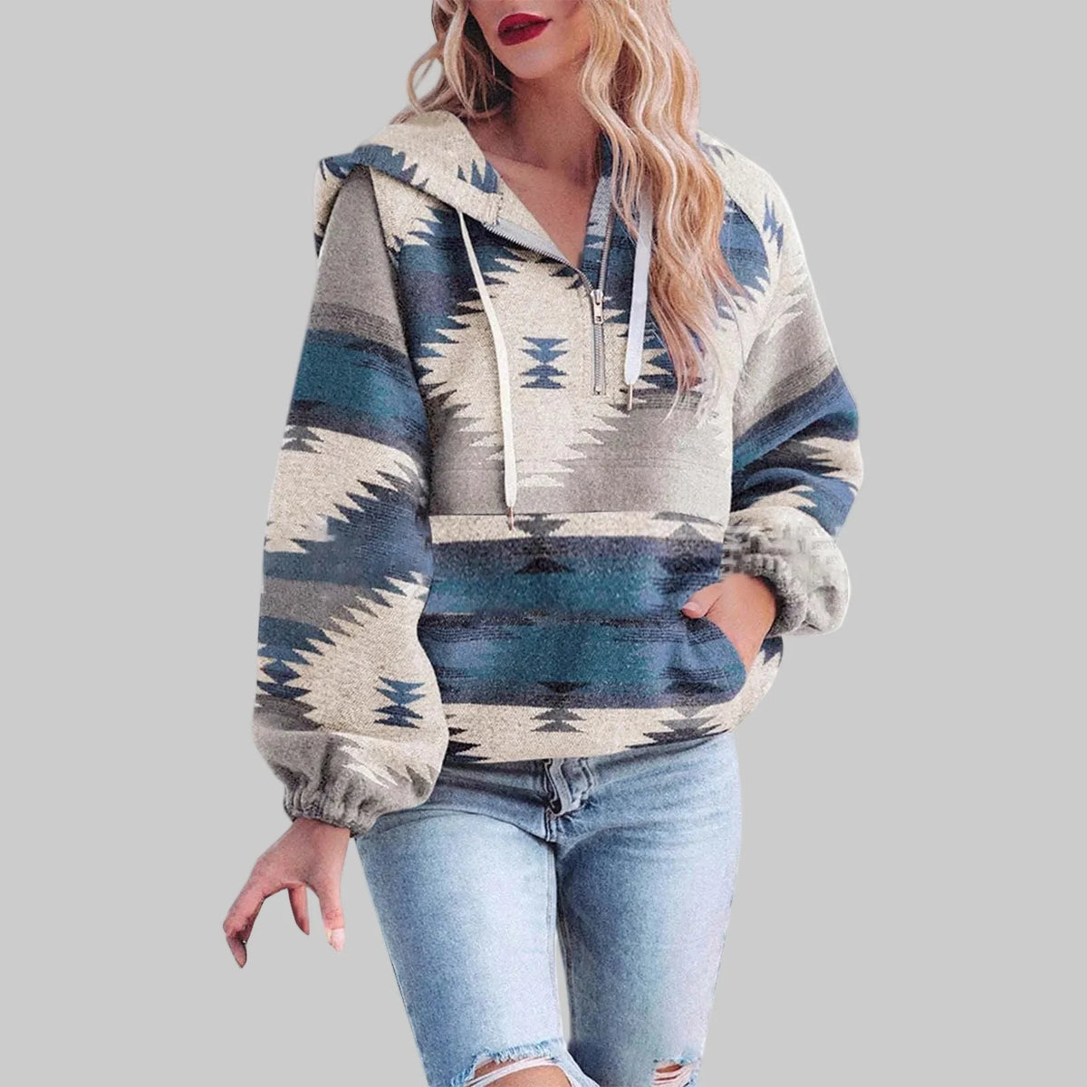 Women’s Geometric Pattern Half-Zip Hooded Pullover with Front Pocket