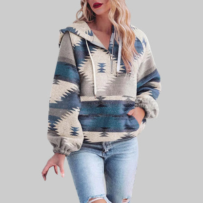 Women’s Geometric Pattern Half-Zip Hooded Pullover with Front Pocket