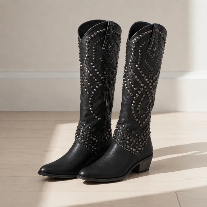 Women’s Studded Knee-High Western Boots with Pointed Toe