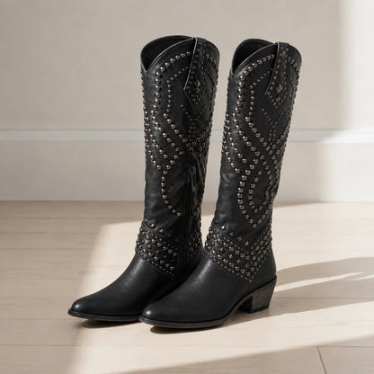 Women’s Studded Knee-High Western Boots with Pointed Toe