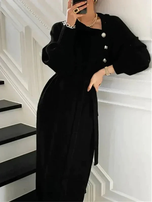 Women's High-Neck Sweater Dress with Button Detail and Tie Waist