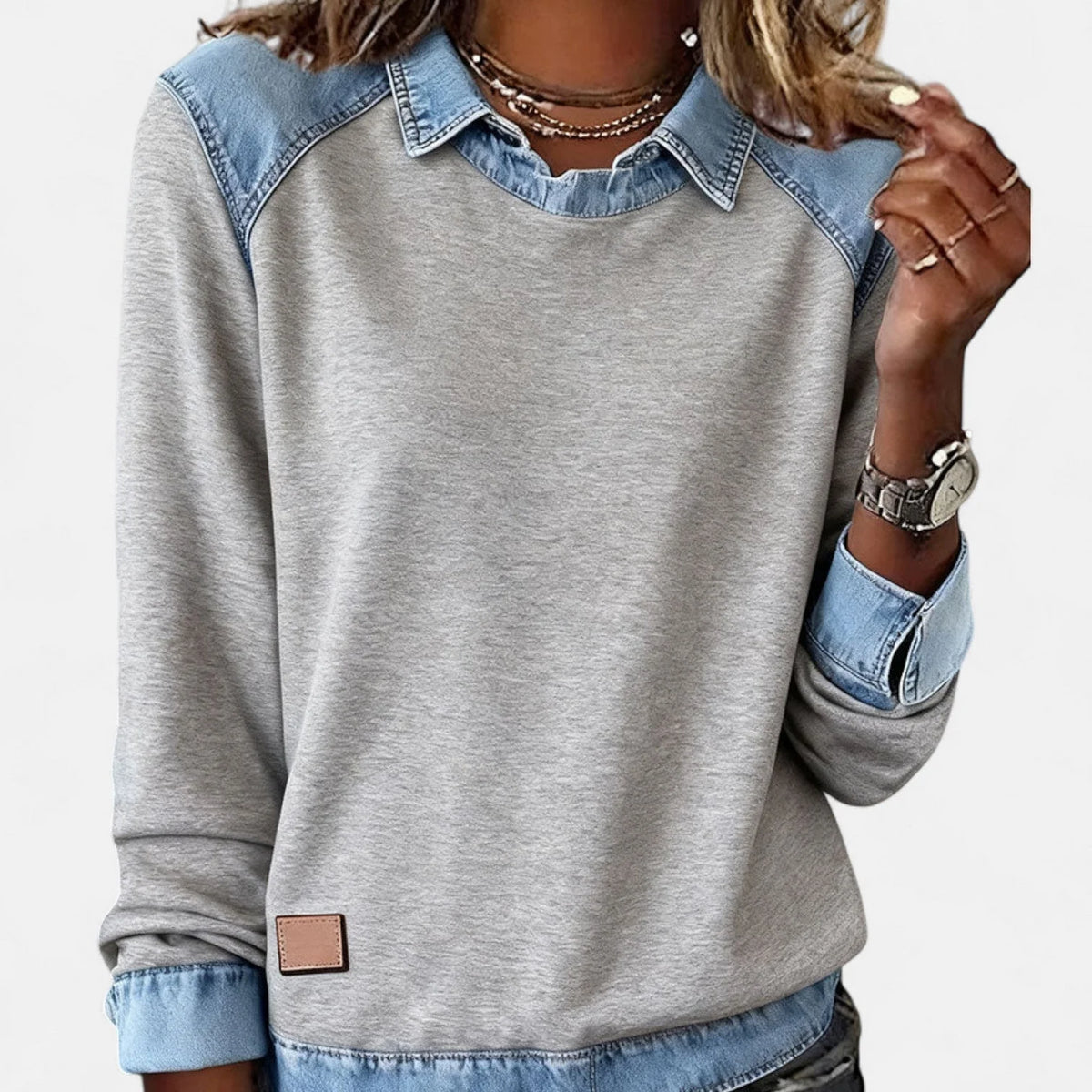 Women’s Contrast Panel Collared Long-Sleeve Knit Sweater