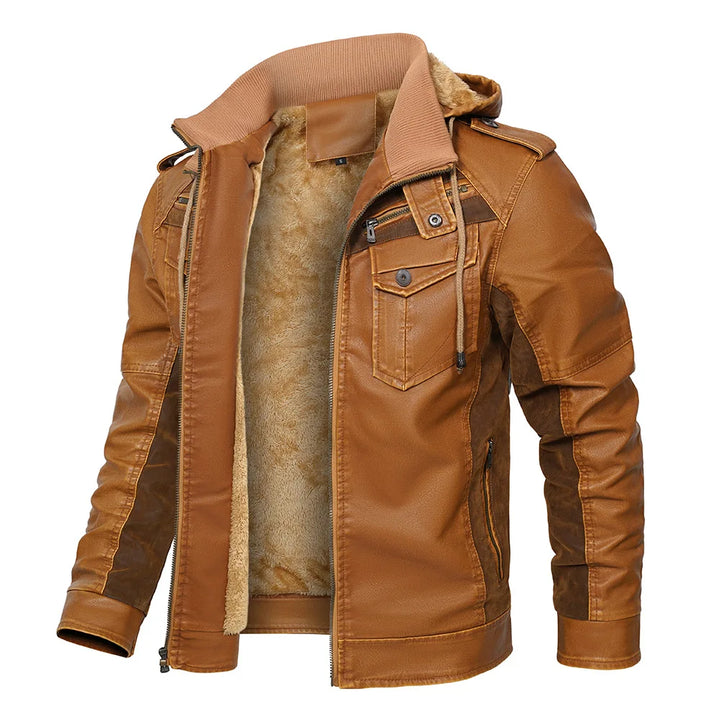 Men’s Shearling-Lined Cowhide Leather Hooded Jacket