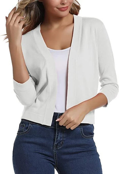Women’s Cropped Open-Front Cardigan with Relaxed Fit and 3/4 Sleeves