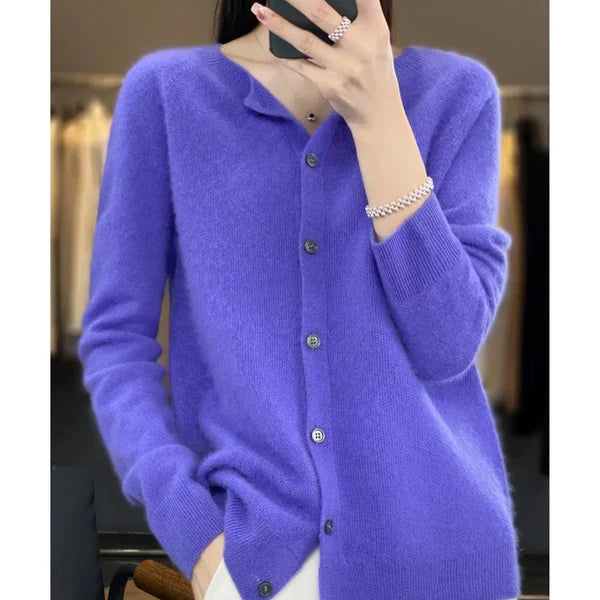 Women’s Merino Wool Cashmere Blend O-Neck Button Cardigan