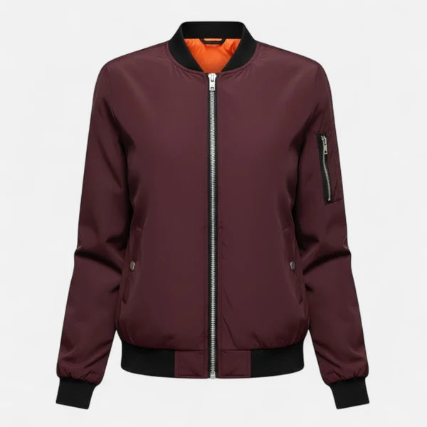 Women’s Minimalist Zip-Front Bomber Jacket with Round Neck