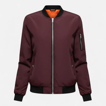 Women’s Minimalist Zip-Front Bomber Jacket with Round Neck