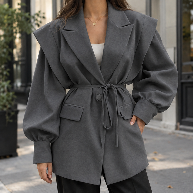 Belted Sculpted Shoulder Relaxed Jacket