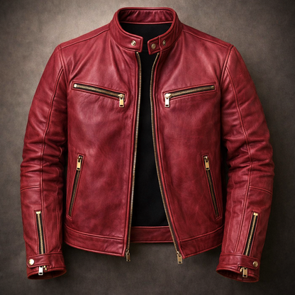 Men’s Distressed Leather Moto Jacket with Zip Pockets