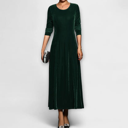 Women's Velvet A-Line Dress with Long Sleeves and Scoop Neck