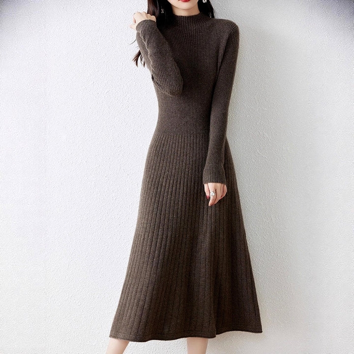 Women's High-Neck Ribbed Knit Dress with Flared Skirt
