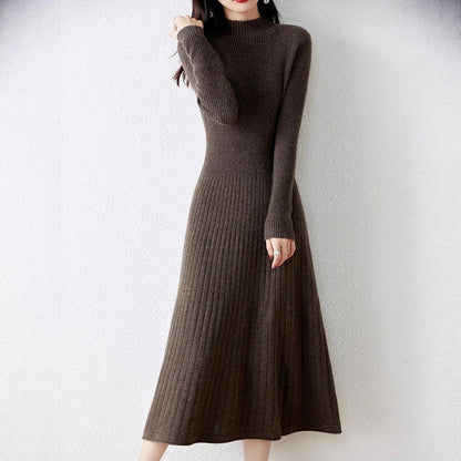 Women's High-Neck Ribbed Knit Dress with Flared Skirt