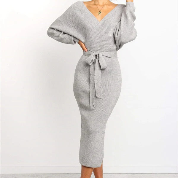 Women's Belted Wrap Knit Midi Dress with Batwing Sleeves