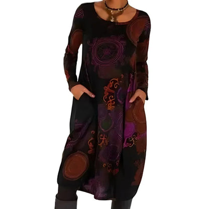 Women's Printed Relaxed-Fit Midi Dress with Long Sleeves and Side Pockets