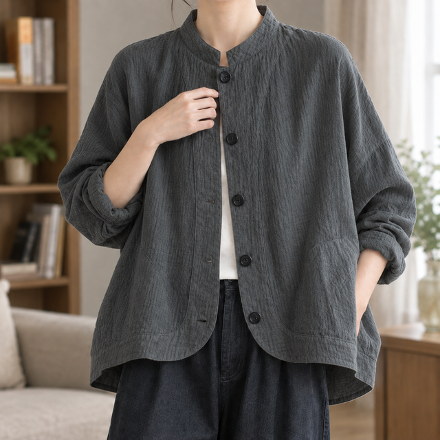 Women’s Relaxed Batwing Cotton Blend Jacket with Stand Collar