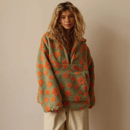 Women’s Floral Print Stand Collar Quarter-Zip Sweater