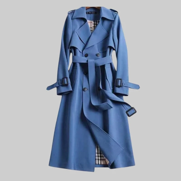 Women’s Long Double-Breasted Trench Coat with Adjustable Waist Belt