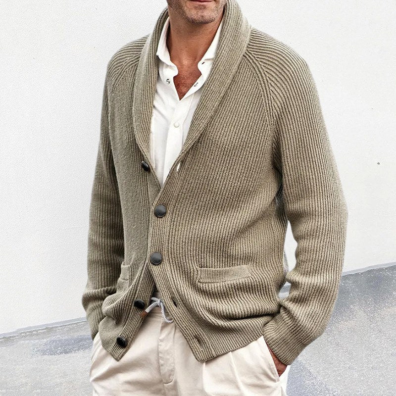 Men’s Ribbed Shawl Collar Button-Up Knit Cardigan