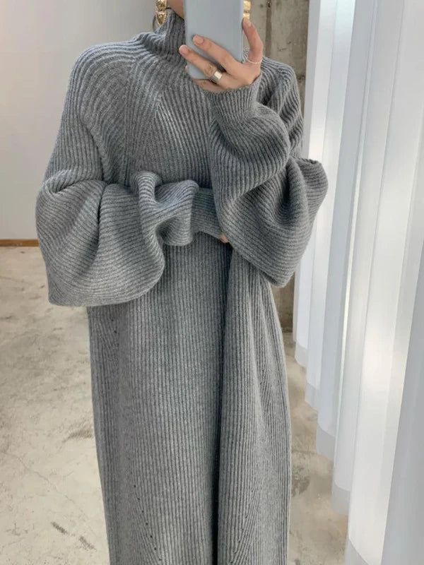 Women's Oversized Ribbed Knit Maxi Dress with High Turtleneck