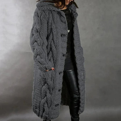 Women’s Hooded Longline Cable Knit Button Cardigan with Pockets