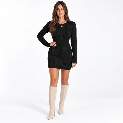 Women's Cable-Knit Mini Dress with Long Sleeves and Defined Waist