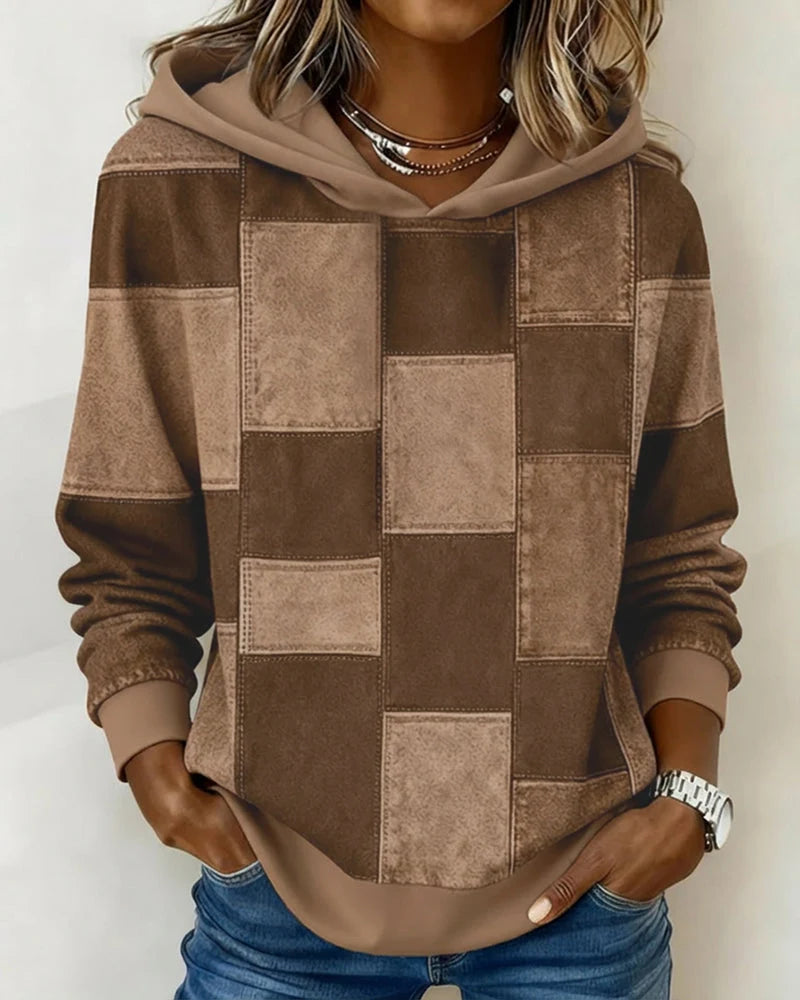 Women’s Checkered Patchwork Print Pullover Hoodie with Drawstring Hood