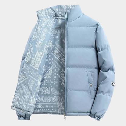 Men’s Paisley-Panel Quilted Stand-Collar Puffer Jacket