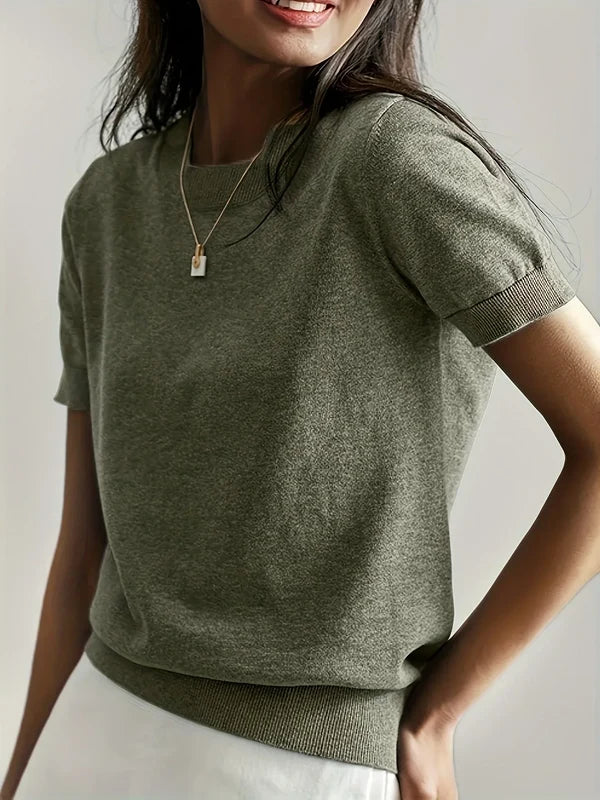 Women’s Lightweight Short-Sleeve Crew Neck Knit Top with Ribbed Trim
