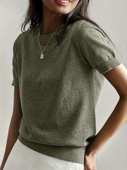 Women’s Lightweight Short-Sleeve Crew Neck Knit Top with Ribbed Trim