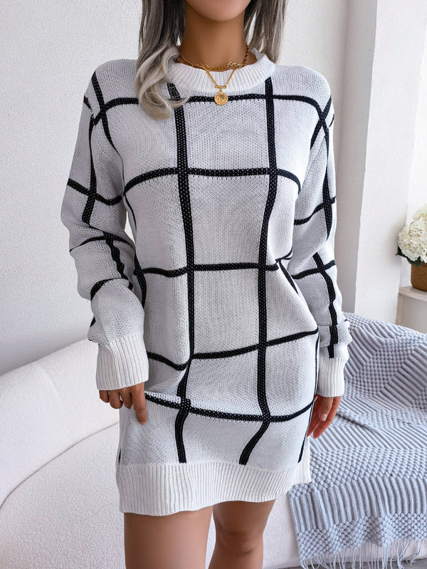 Women's Check Knit Mini Dress with Long Sleeves and Crew Neck