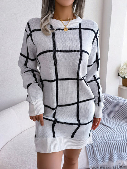 Women's Check Knit Mini Dress with Long Sleeves and Crew Neck