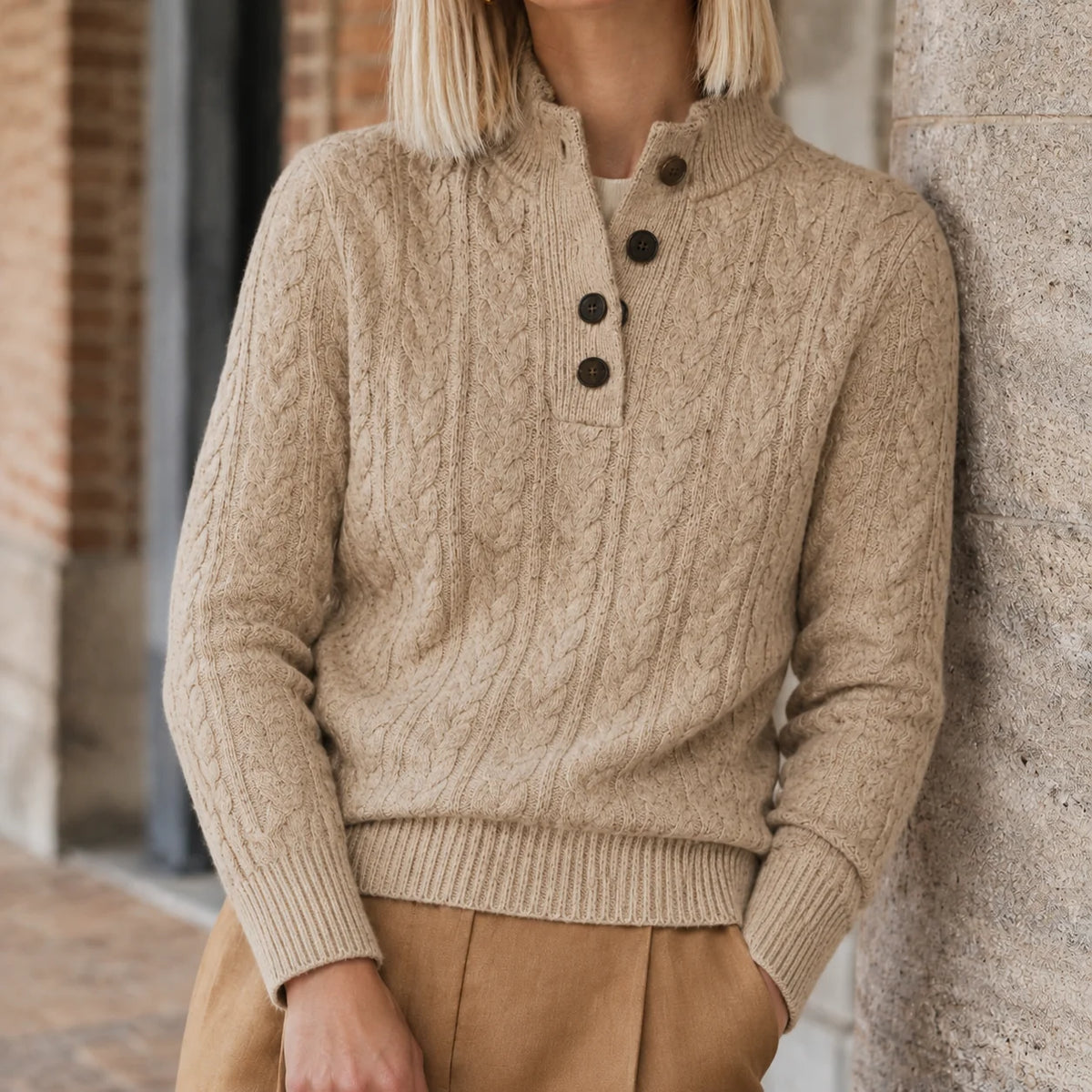 Women’s Cable Knit Button-Neck Cashmere Blend Sweater