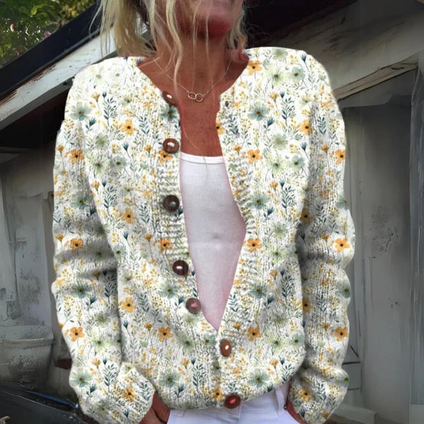 Women’s Printed Textured Knit Button-Front Relaxed Cardigan