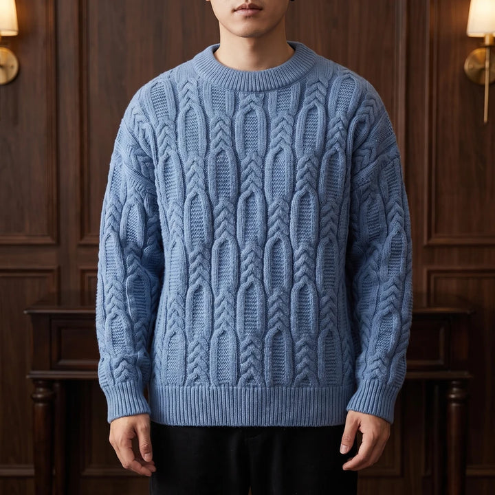 Textured Cable Knit Relaxed Crew Neck Sweater