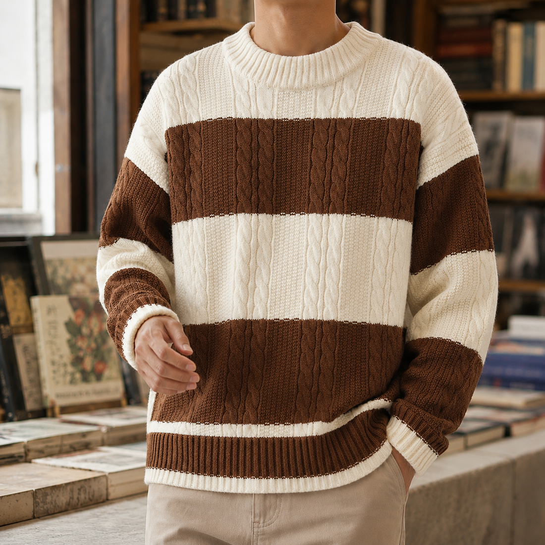 Men’s Color-Block Cable Knit Crewneck Sweater