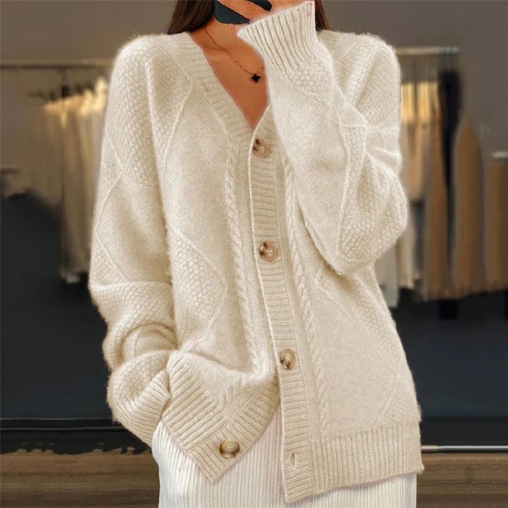Women’s Oversized Textured Cable Knit V-Neck Button-Front Cardigan