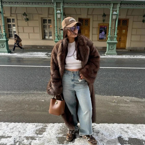 Women’s Longline Plush Faux Fur Coat with Oversized Fit