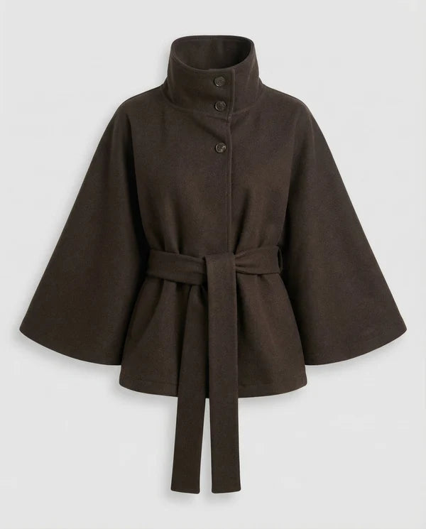 Women’s High-Collar Wool-Blend Cape Jacket with Waist Belt
