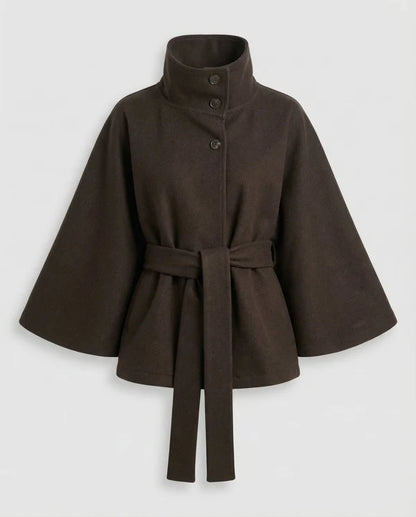Women’s High-Collar Wool-Blend Cape Jacket with Waist Belt