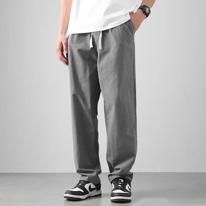 Men’s Relaxed Tapered Linen Trousers with Drawstring Waist