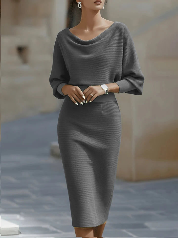 Women's Ribbed Midi Dress with Draped Cowl Neck and Batwing Sleeves