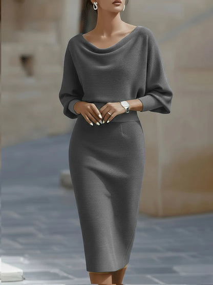 Women's Ribbed Midi Dress with Draped Cowl Neck and Batwing Sleeves