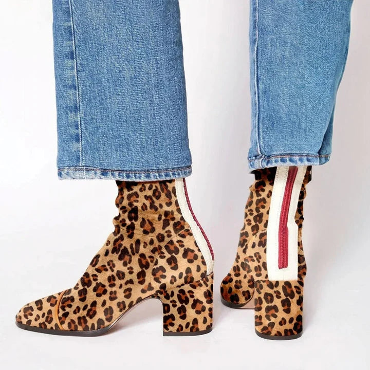 Women’s Suede Ankle Boots with Animal-Print Toe and Block Heel