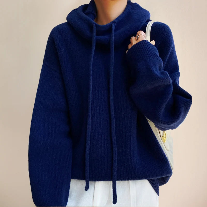 Women’s Oversized Textured Knit Cowl Neck Drawstring Pullover