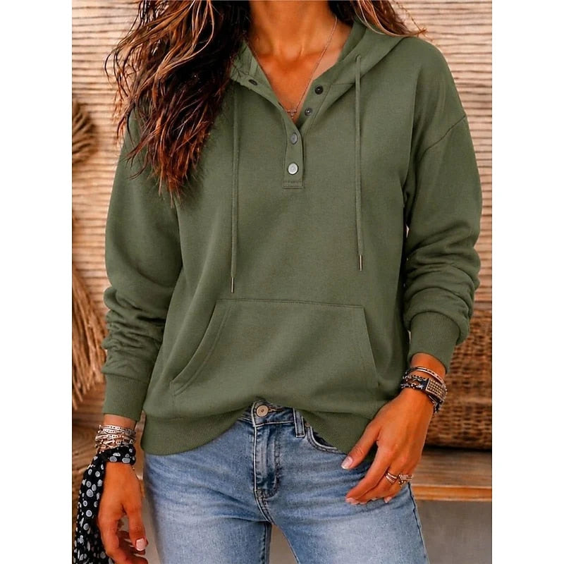 Women’s Relaxed Button-Placket Hooded Pullover with Front Pouch Pocket