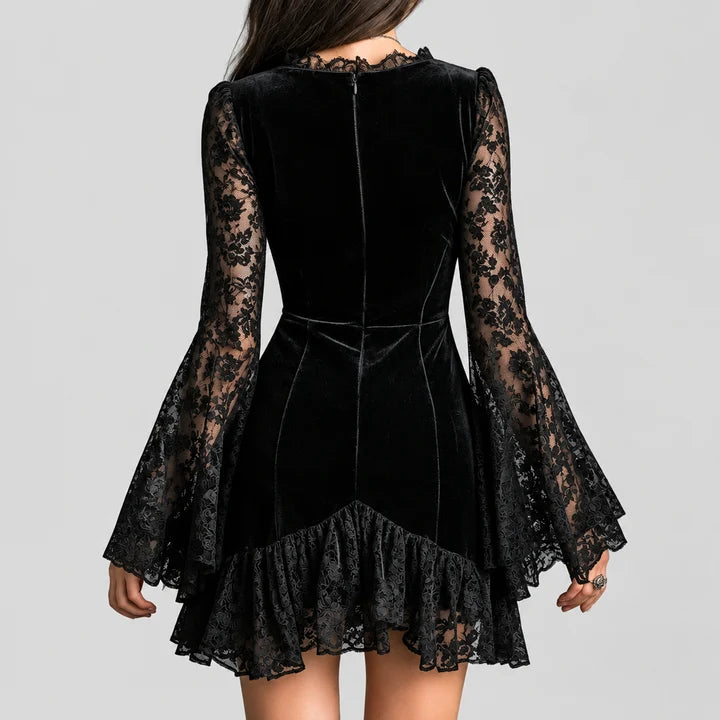 Women's Velvet V-Neck Dress with Sheer Lace Sleeves and Ruffled Hem