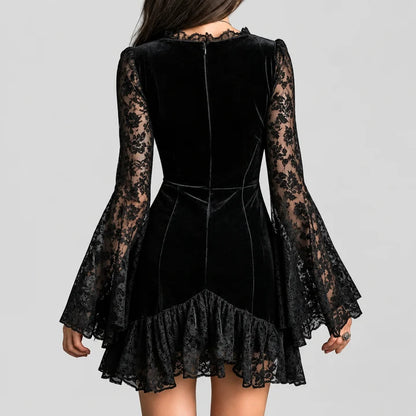 Women's Velvet V-Neck Dress with Sheer Lace Sleeves and Ruffled Hem